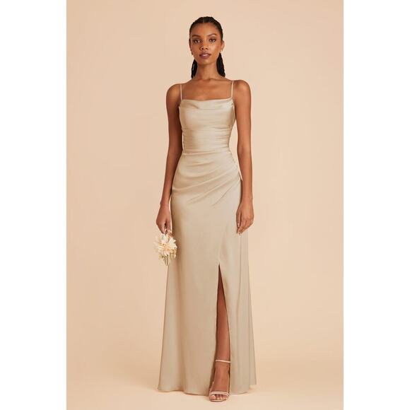 Birdy Grey Lydia Dress Matte Satin Neutral Champagne Medium Long Bridesmaid Cowl - Picture 13 of 13